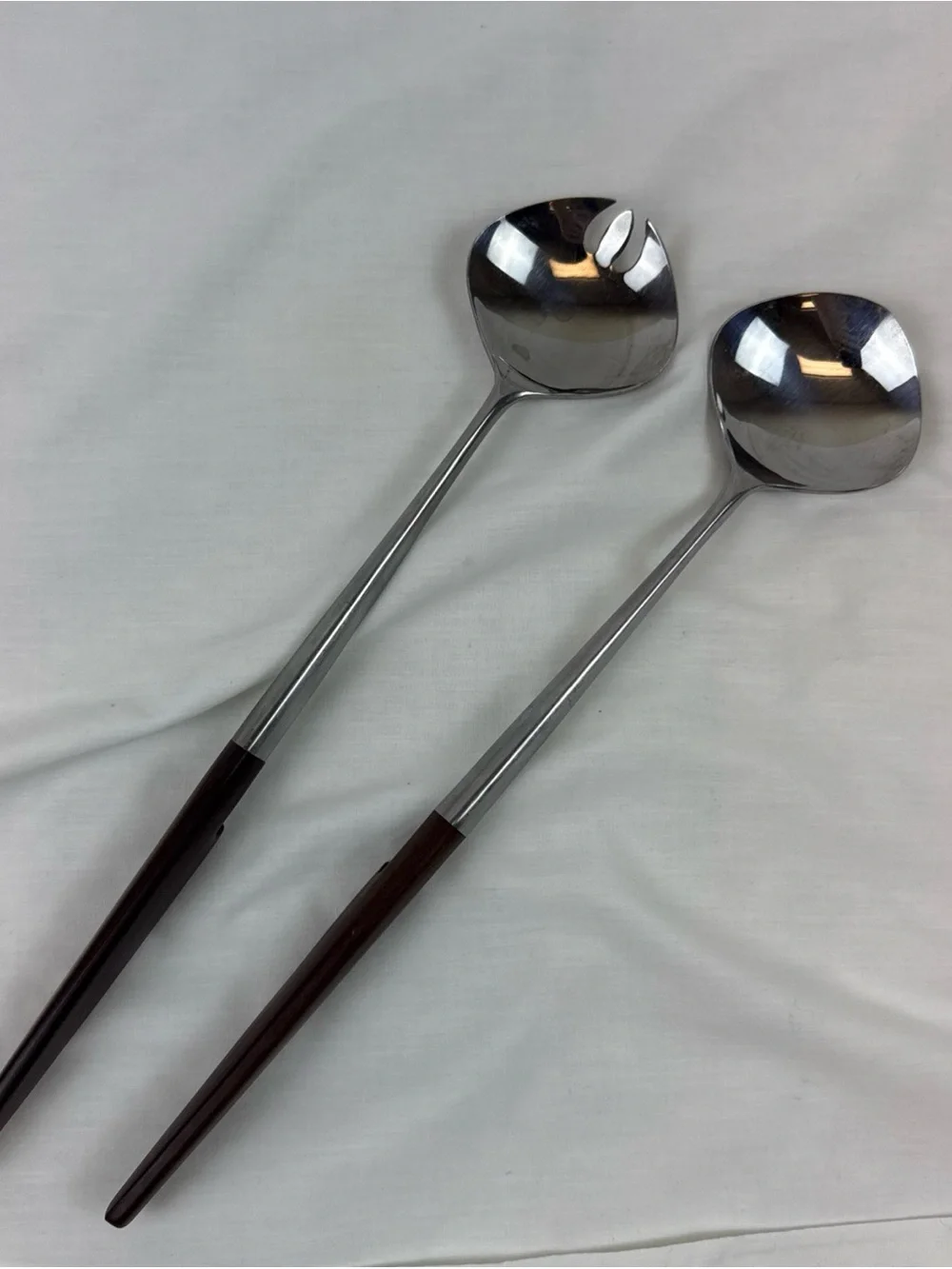 Vintage MCM Epic Forged Stainless Steel and Brown Wood Salad Server Set